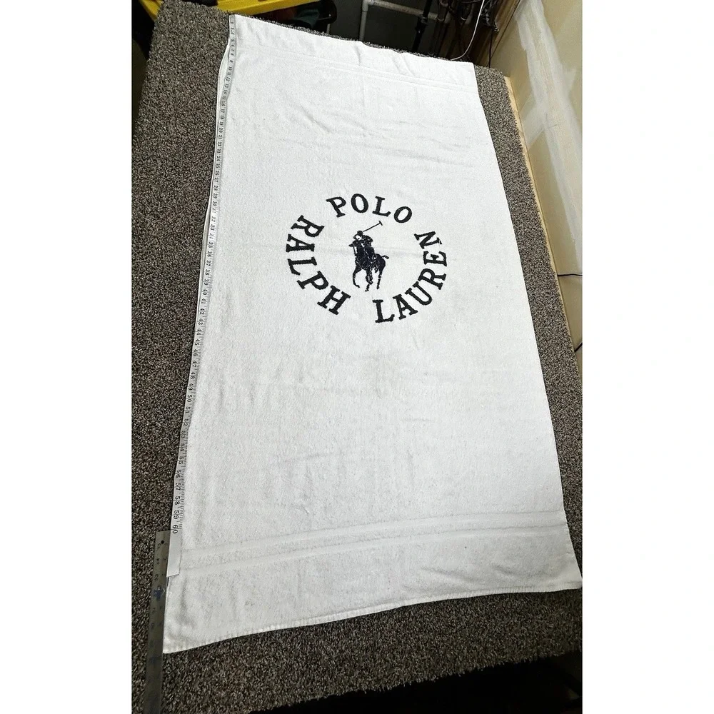 VINTAGE RALPH LAUREN RL POLO CLUB BLUE WHITE (1) LARGE BEACH TOWEL 34 X 68